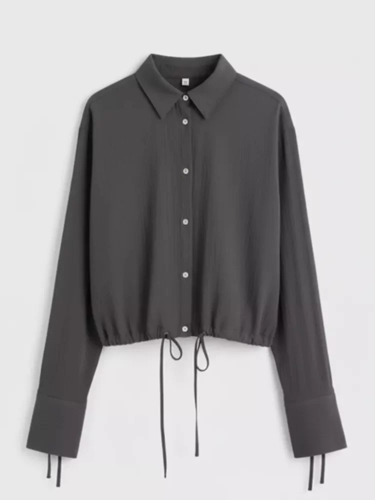Dark Gray Drawstring Cropped Shirt