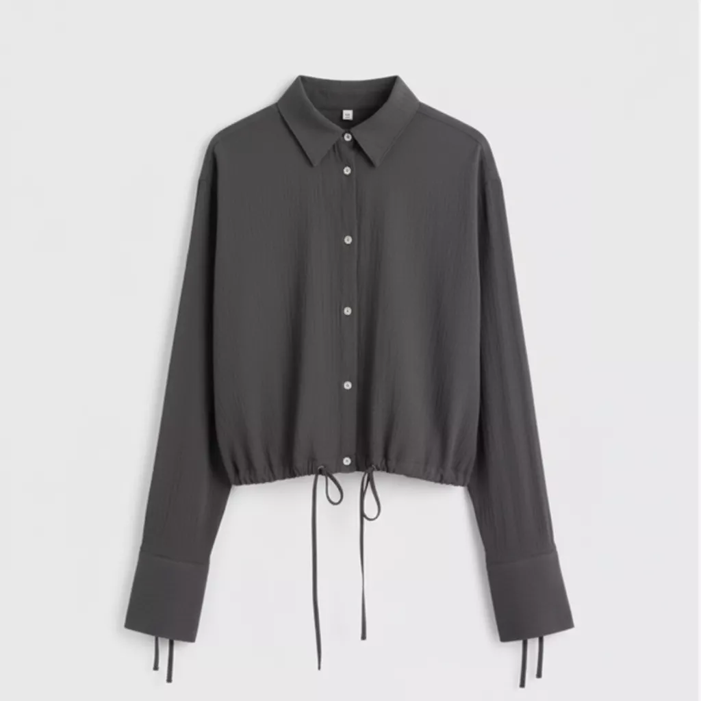 Dark Gray Drawstring Cropped Shirt
